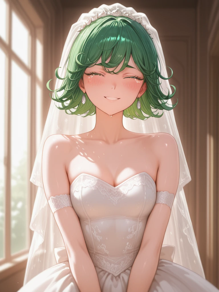 masterpiece, best quality, highres, aaichika, tiara, bridal veil, necklace, cleavage, wedding dress, strapless dress, white dress, white gloves, elbow gloves, garden on background, smile, open mouth, tears, upper body, confetti, holding bouquet, bouquet, beatrix amerhauser, short green hair, curvy hair, green eyes, gloves,
