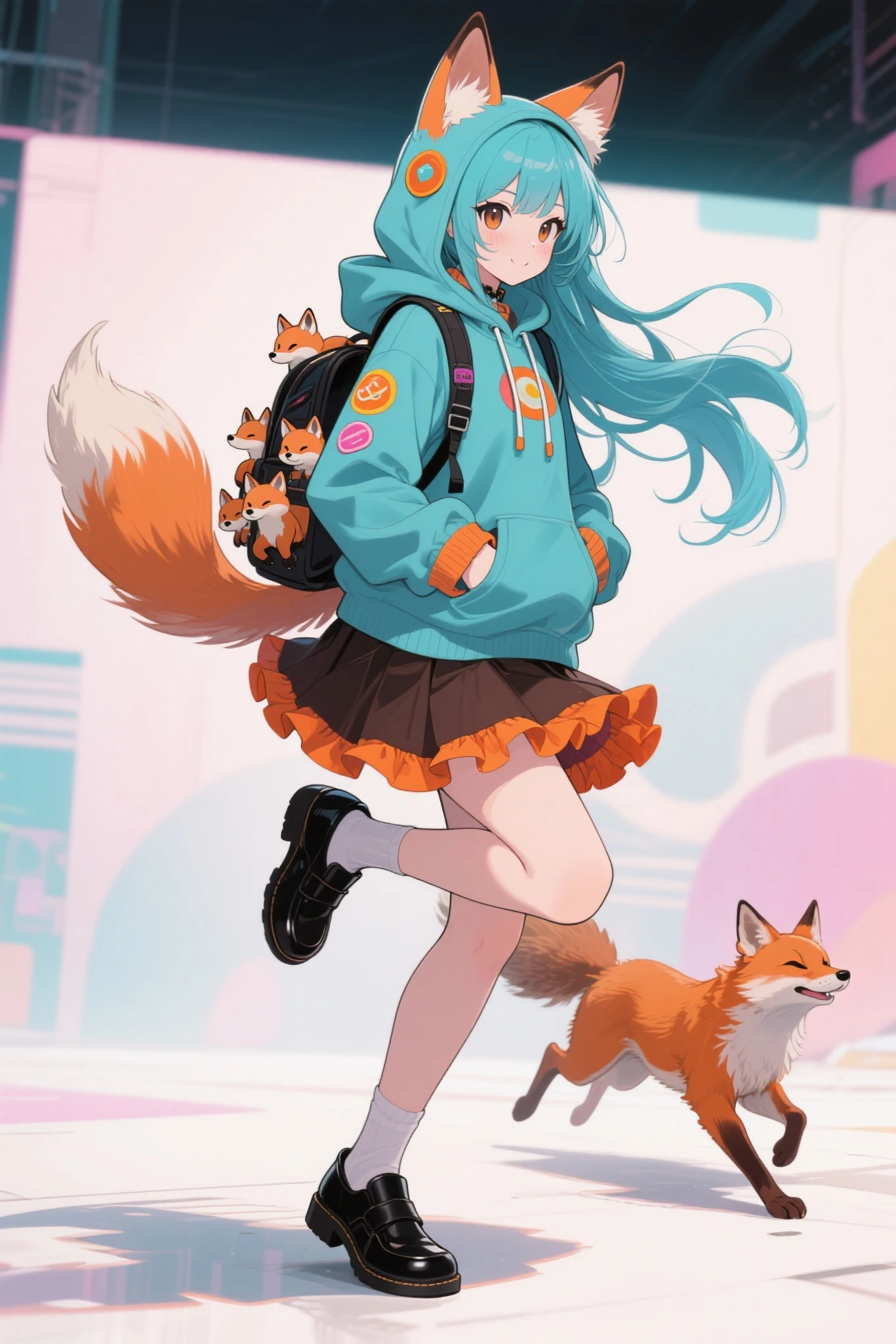 This girl's character is depicted in playful, dynamic poses, Kicking movement,Brown Braided Hair ,has a slightly open mouth, squirrel tail,I'm wearing a squirrel striped hoodie with squirrel ears,Layered dress with purple skirt and orange ruffles,wearing black loafers,has a small backpack,A few squirrels are running beside her,The background has an overall abstract atmosphere in soft pastel colors,complements her vivid taste,animeキャラクター,portrayed in strong composition on a large screen, anime, production animeーションセル, candy-punk character design,   production art
