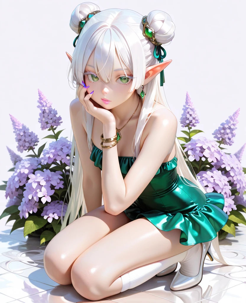 masterpiece,Highest Quality,Ultra High Definition,Photorealistic,8K Ultra HD,ultra high definition,solo,1 girl,full body,stares at the viewer,bungs, white hair,long hair,2 bun knot,hair between eyes,elf ears,lilac background,simple background,emerald green eyes,Thick eyelashes,White eyelashes,challenging gaze,tied her lips,pink lips,gem,earrings,necklace,bracelets,White Mini Dress,Bare shoulders,white swimsuit,Bare skin waist,detailed fabric creases,graceful posture,Place your hand on your cheek,Light purple nails,white high heels,white overknee socks,neutral color palette,