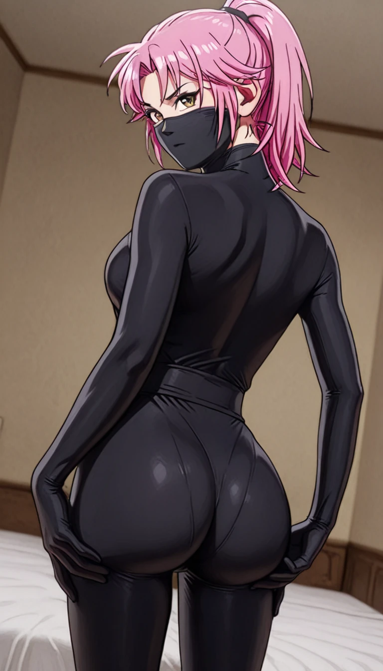 ((Best quality)), ((personage de manga)), ((cheveux rose,court, )), ((yeux rouge sang)),((simple book)), ((nez simple)), ((un regard dans le vide)),
((an ebony color pea)), ((faisant du sport)),((portant un collant))
((doggy pose)),((collé against the wall)), ((sur les genou d'un homme derriere elle)), with a tight suit the same corlor as her skin