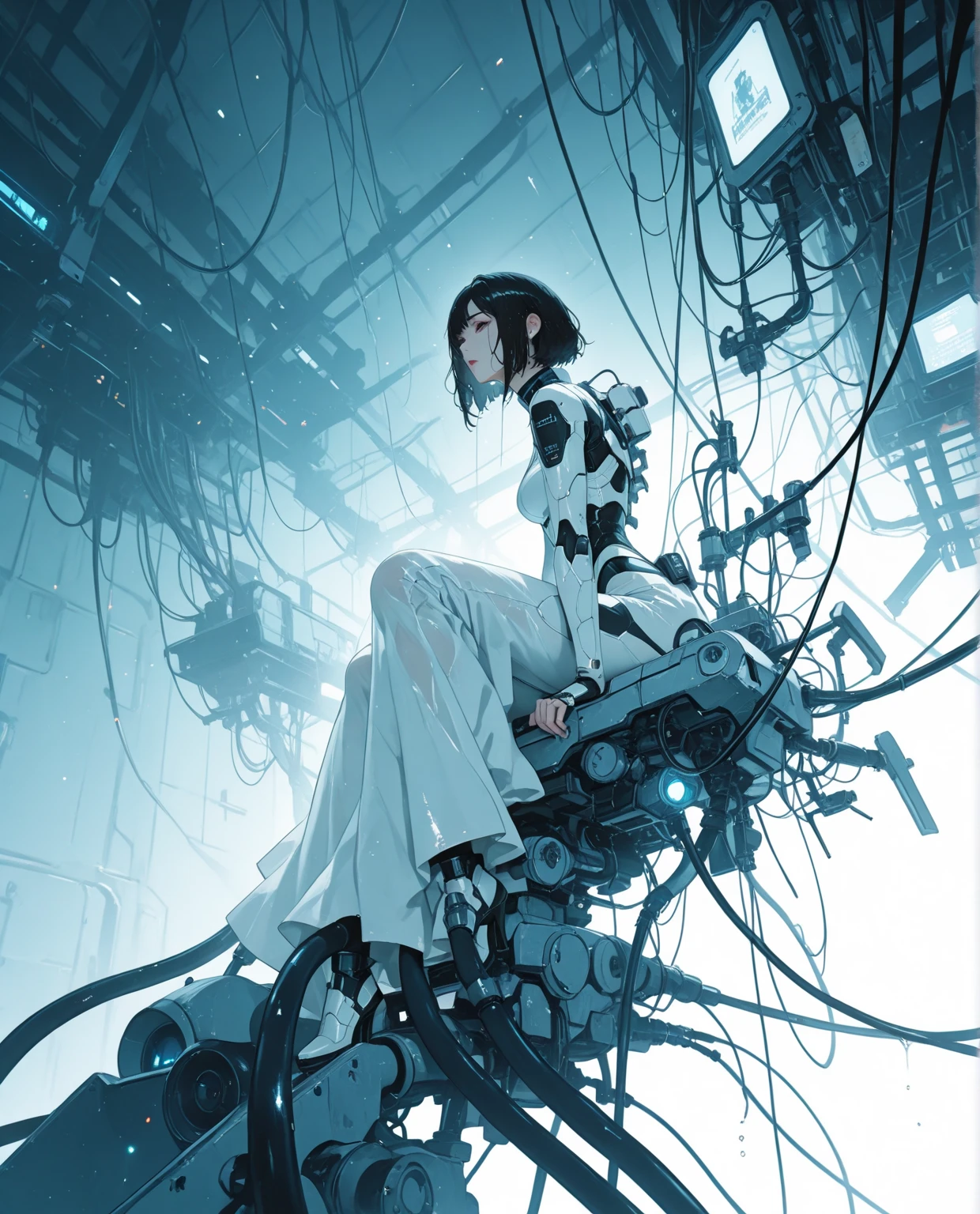 1 woman, cyborg wires long black hair 
 turtleneck sleeveless  
resting against the wall 
dark hell background shadow  ghost , skulls, mainframe
  art by Jean Giraud   Yoshitaka Amano Bill Sienkiewicz