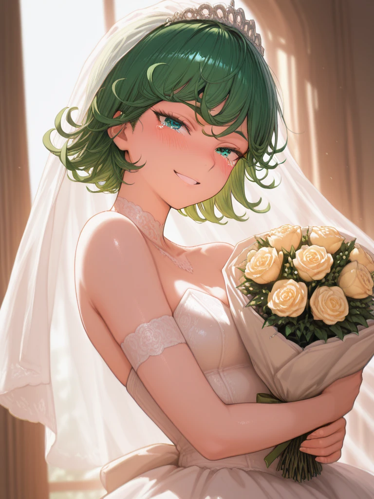 masterpiece, best quality, highres, aaichika,  tiara, bridal veil, necklace, cleavage, wedding dress, strapless dress, white dress, white gloves, elbow gloves, garden on background, smile, open mouth, tears, upper body, confetti, holding bouquet, bouquet, beatrix amerhauser, short green hair, curvy hair, green eyes,  gloves,