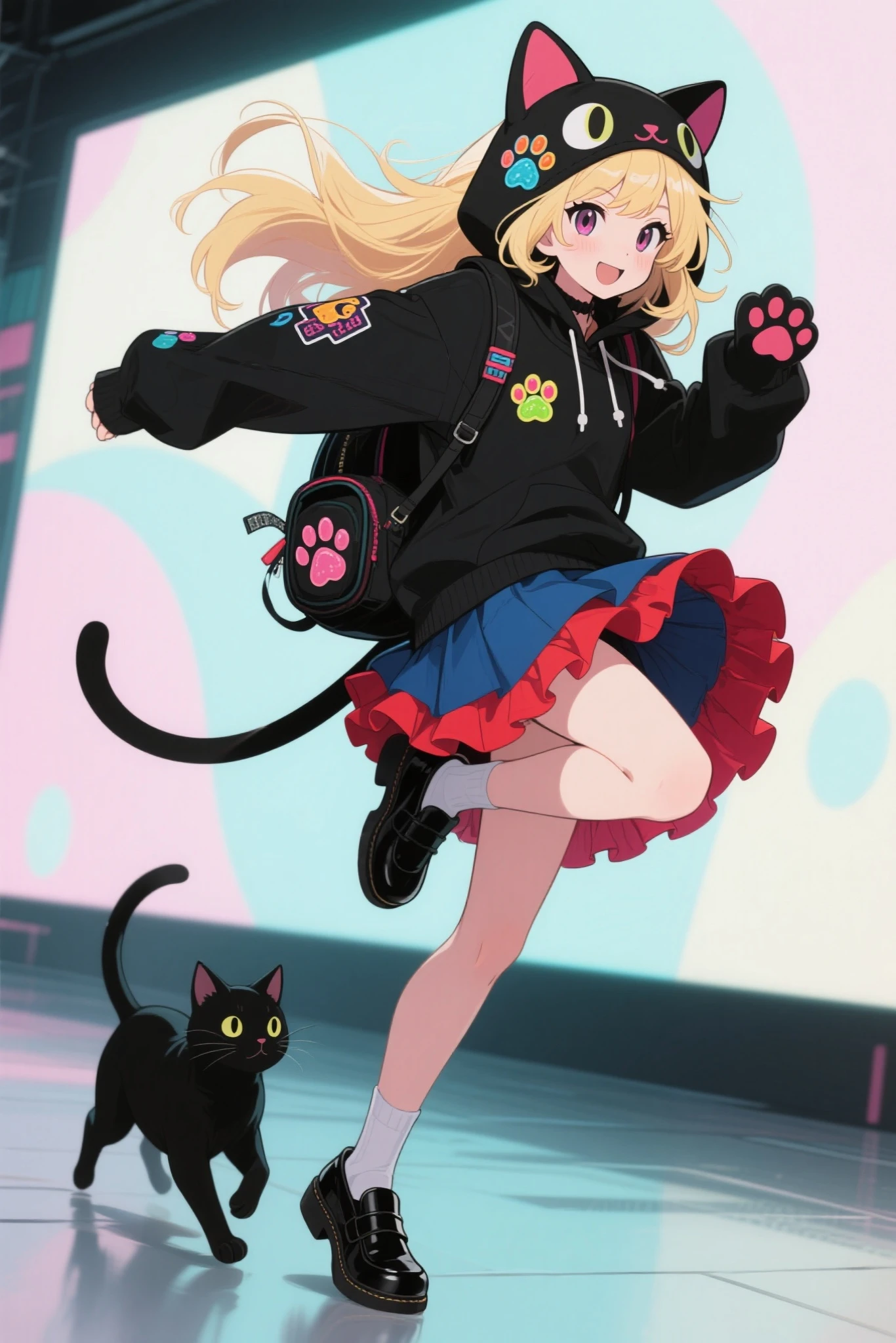 This girl's character is depicted in playful, dynamic poses, Kicking movement,Brown Braided Hair ,has a slightly open mouth, squirrel tail,I'm wearing a squirrel striped hoodie with squirrel ears,Layered dress with purple skirt and orange ruffles,wearing black loafers,has a small backpack,A few squirrels are running beside her,The background has an overall abstract atmosphere in soft pastel colors,complements her vivid taste,animeキャラクター,portrayed in strong composition on a large screen, anime, production animeーションセル, candy-punk character design,   production art