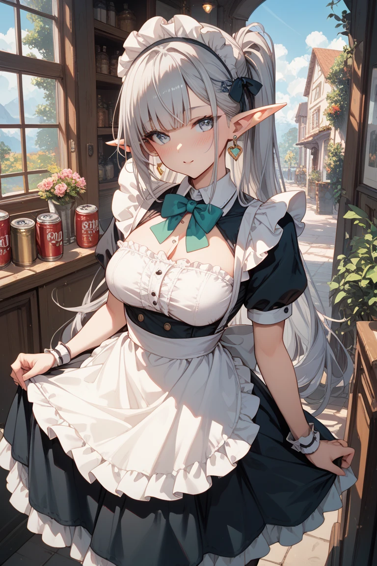 NSFW,masterpiece,Highest quality,High resolution,Very detailed,Frielen\(葬送のFrielen\),Pointed Ears,Green Eyes,Twin tails,very long hair of white color,, Earrings,Playboy Bunny,Black Pantyhose,casino,Bad Smile,heart,blush,tray,sake,Serve customers,customer,Turn over your clothes