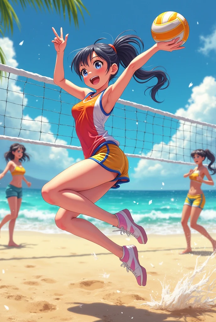 Beach volleyball, a girl who jumps and receives the ball just near the ground