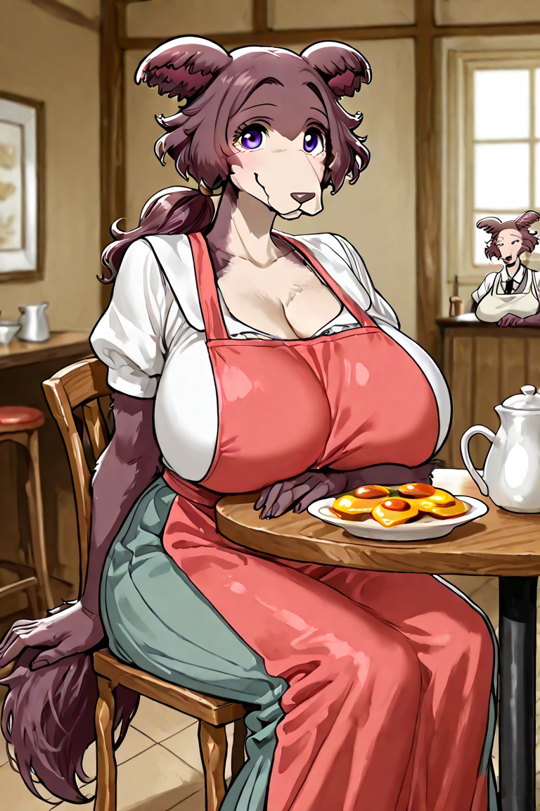 ((masterpiece, best quality, highres, UHD, perfect pixel, depth of field, 8k, RTX, HDR)), BREAK, 1girl, single, solo, beautiful anime girl, beautiful artstyle, anime character, ((long hair, red hair)), (purple:1.4, rounded eyes, beautiful eyelashes, realistic eyes),big breast, without clothes wearing only a white apron, covered in sweat, blushing, with a smile, BREAK, holding a bitten bread in the hand, sexy pose in a pastry shop with shelves with a lot of bread.