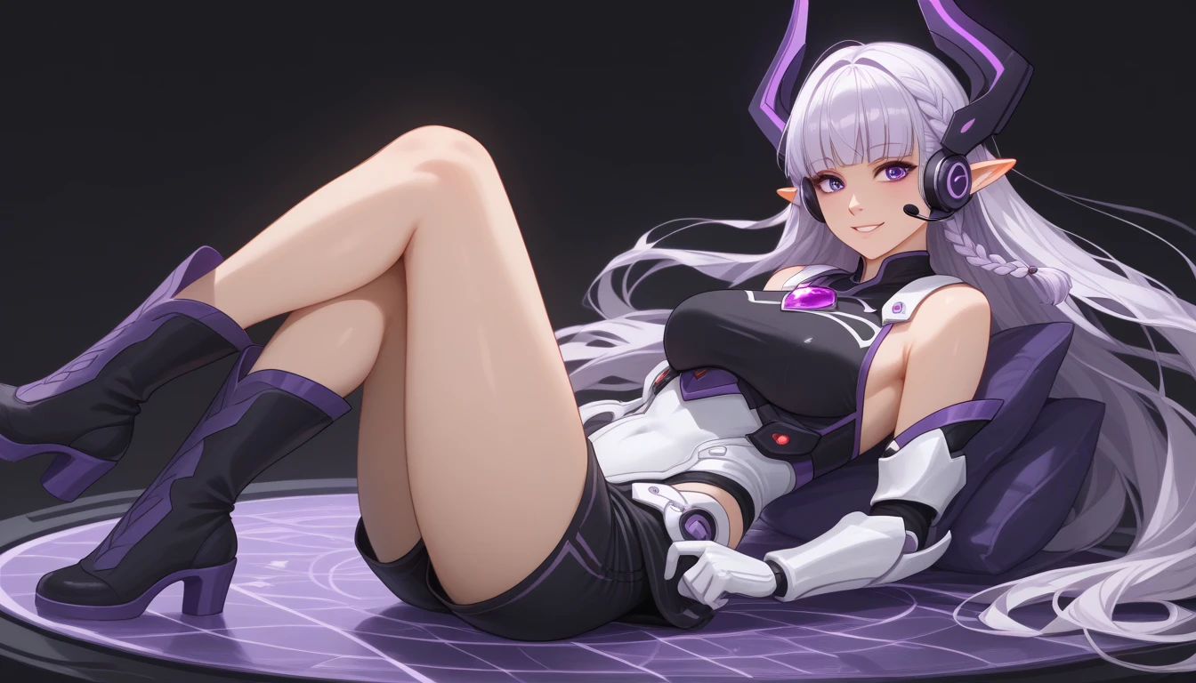 A woman with black and silver hair with a beautiful bikini covering her huge breasts and purple eyes and the background is a bathroom