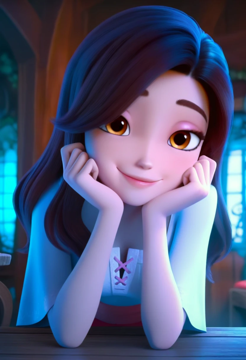 r3d_sh03s, 1 girl, solo, cute face, elbow on table, both hand on chicks, looking at viewer, volumetric lighting, dim blue light, masterpiece,best quality,amazing quality,very aesthetic,absurdres,newest, anime coloring, high quality, masterpiece ultra detail, high quality, masterpiece, 