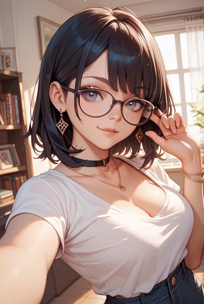 (masterpiece:1.2, best quality), (dinamic lighting) 1lady, solo, short hair, big breasts, (shiny skin:1.2), upper body, glasses, modern, black bob cut hair,, flower on ear, harajuku style, hair pin, , v neck sweater, scar on eye