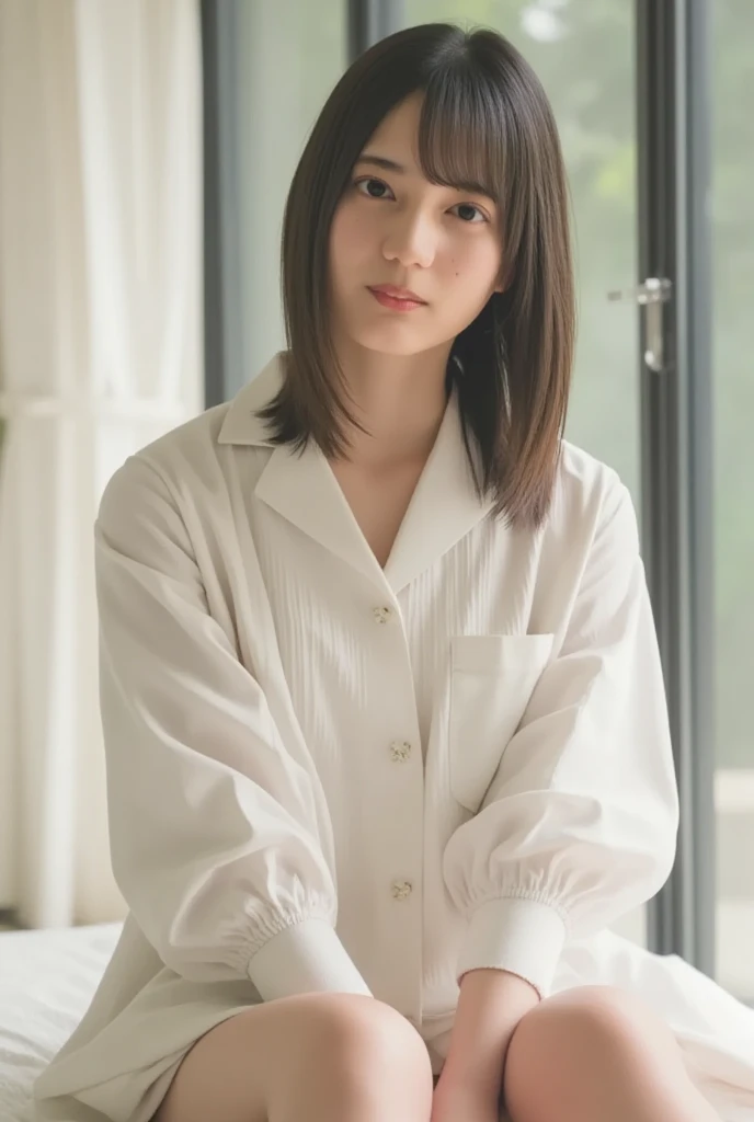 raw photo, 1girl, medium breast, collared blouse, White blouse, light smile, detailed skin, simple background, Above the knee, sit on a chair, photorealistic, masterpiece, best quality, anatomically correct