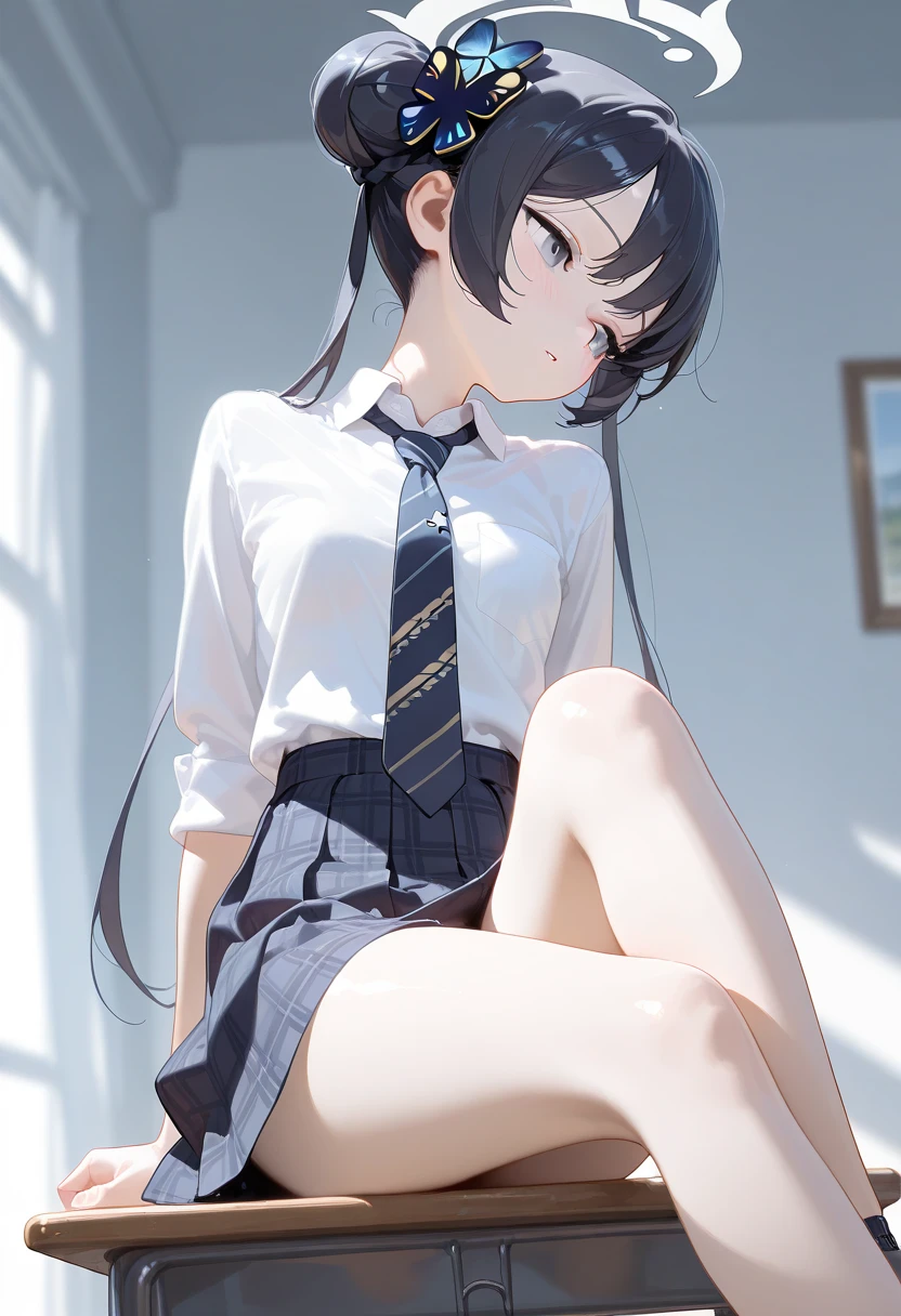 Masterpiece of a black-haired woman in her prime, radiating maturity and charm, with small, delicate breasts that are tastefully bared. She spreads her legs seductively, her school bag lying nearby. The natural light cascades upon her, diffusing and softening the scene, emphasizing the intricate details and high resolution of every pore and texture. The depth of field is shallow, accentuating her figure against the mere suggestion of a blurry background. She wears only her black hair, her arms crossed demurely over her chest, exposing a hint of her feminine allure. The black skirt she once wore to school lies discarded at her feet, revealing her nud