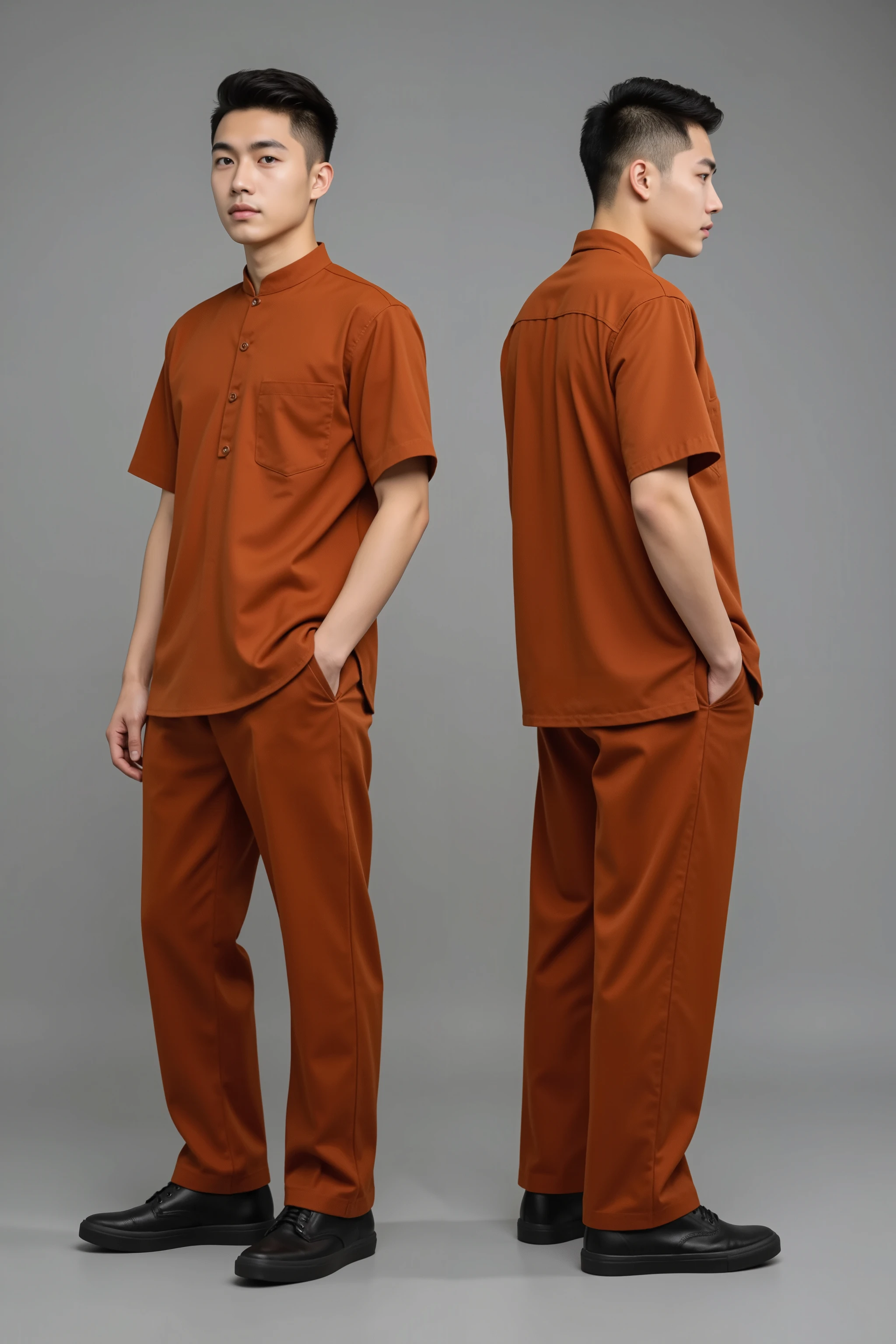 A realistic photography, ultra HD, super like a real, detailing, high resolution, perfect mockups a a man, Indonesia face, 175 cm, 25 years old, clean face, slim body, tall body. Shortcut hairstyle with dark orange colours suit, Mandarin collar, short sleeve, two pocket in the bottom of shirt with long dark orange colours pants and black sneakers, relax pose. in two positions in front and back. Grey background