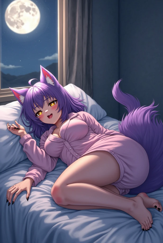 ((masterpiece, best quality)), 1girl, animer, bed, lying on bed, :< cheshire cat, tail, yellow eyes, long hair, medium hair, purple hair, animal ears, cat ears, black shirt, white panties <lyco:cheshireCatBlackSouls:0.9> <lyco:animeIRL:0.6>