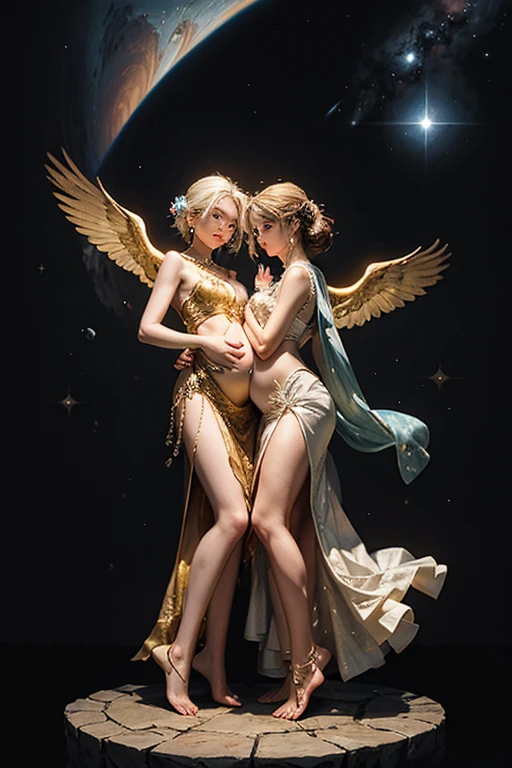 human meditating in lotus pose next to a golden goddess of luck, bright yellow background, goddess of light, sun goddess, bright golden aura, like the sun goddess, yellow aura, golden ethereal light, a stunning portrait of a goddess, ethereal angelic being of light, yellow radiant magic, golden aura, golden halo behind head, elven angel meditating in space