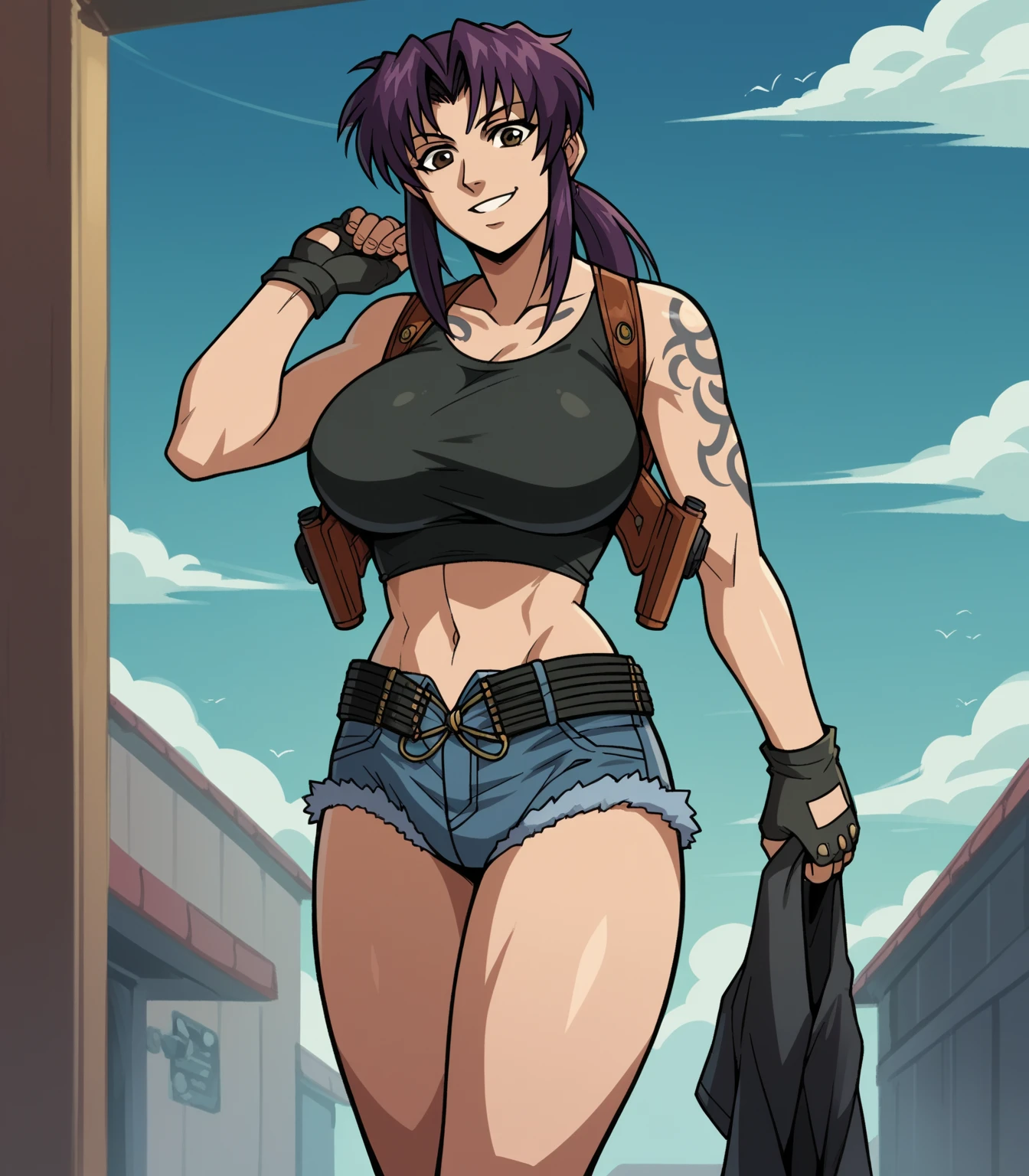 masterpiece, best quality, anime 1990s \(style\, leona heidern,  no bra, fully open vest, thong ,jungle, pony tail, wet, serious, gloves, , sleeveless, belt, touching hair, dirty, brown.