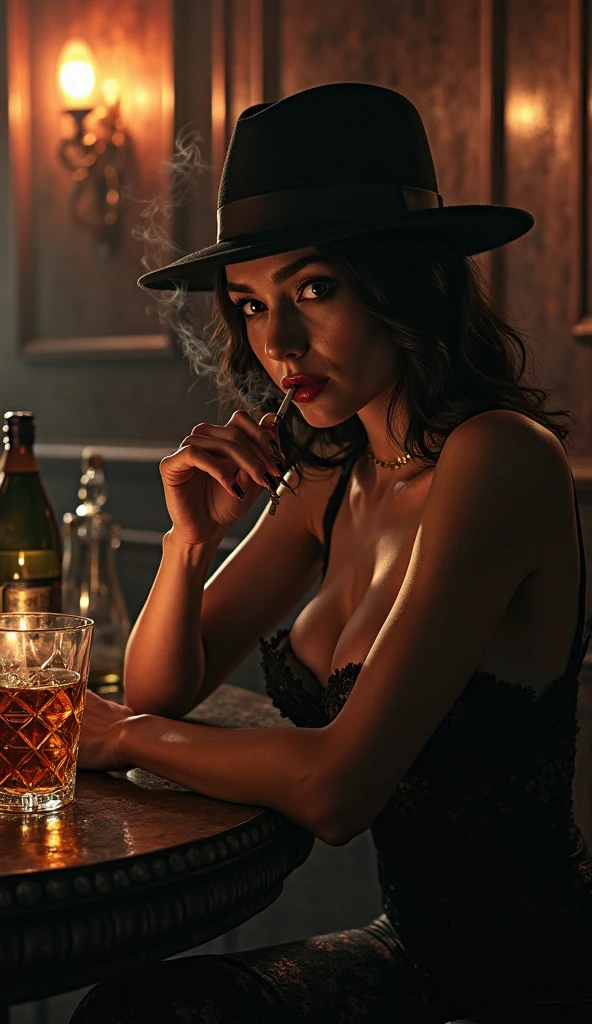 high resolution photo, sexy, sluty, lovely, desirable,provocative  svieta nemkova in red smoking with very deep neckline, jewelry, borsalino, in the bar, neonlight,, hyperdetailed, cinematic lighting, f/16, award winning, masterpiece