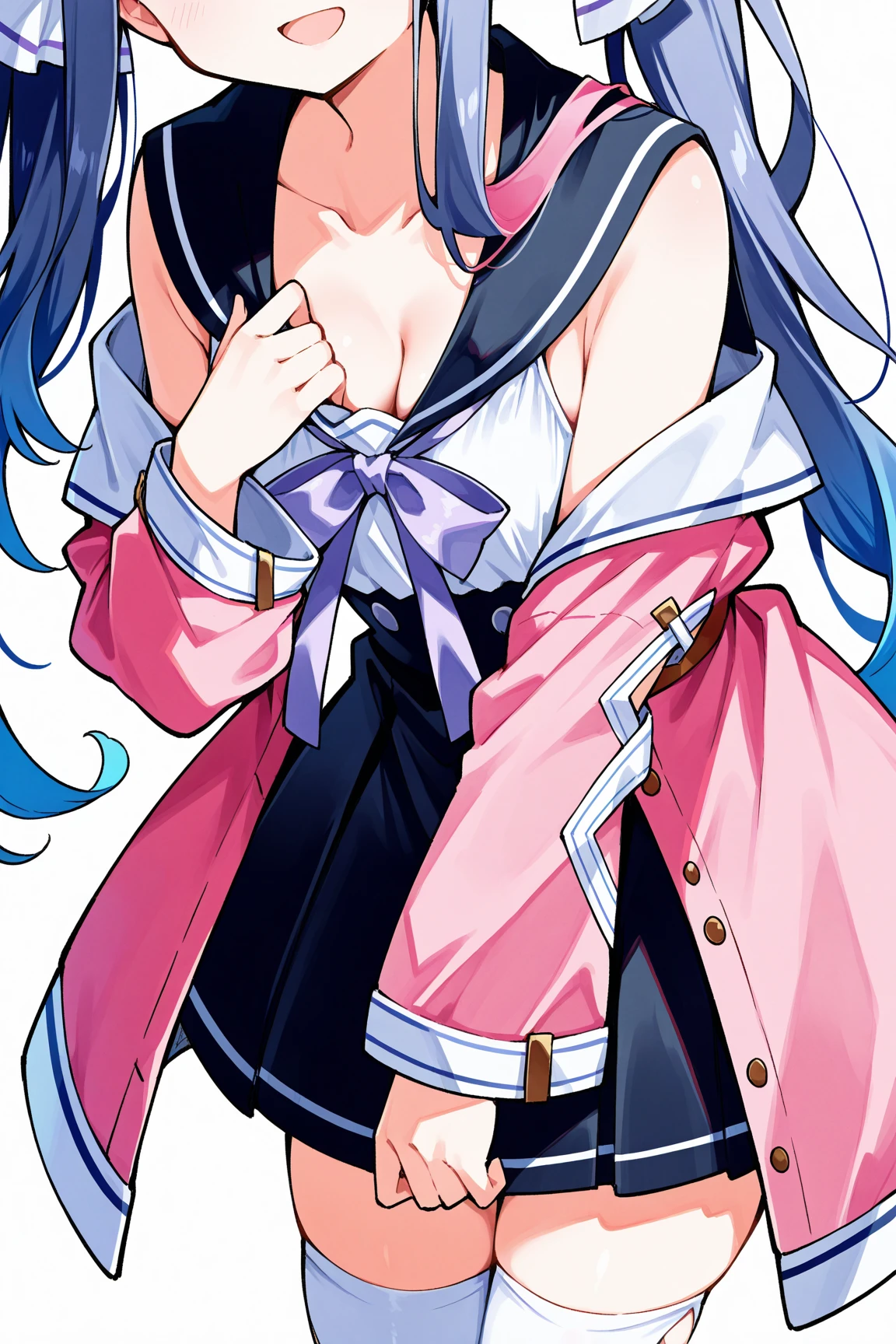 patricia_abelheim, multicolored hair, twintails, dress, ribbon, bow, black skirt, sailor collar, white thighhighs, pink jacket, Focus on the chest, Focus on the chest, head out of frame, bust up, eyes out of frame, front view, side view, Leaning forward, Cleavage, open mouth, flat breasts, smile, Raised eyebrows, Bashful, Pull the shirt down with own fingersm, One hand on chest, 