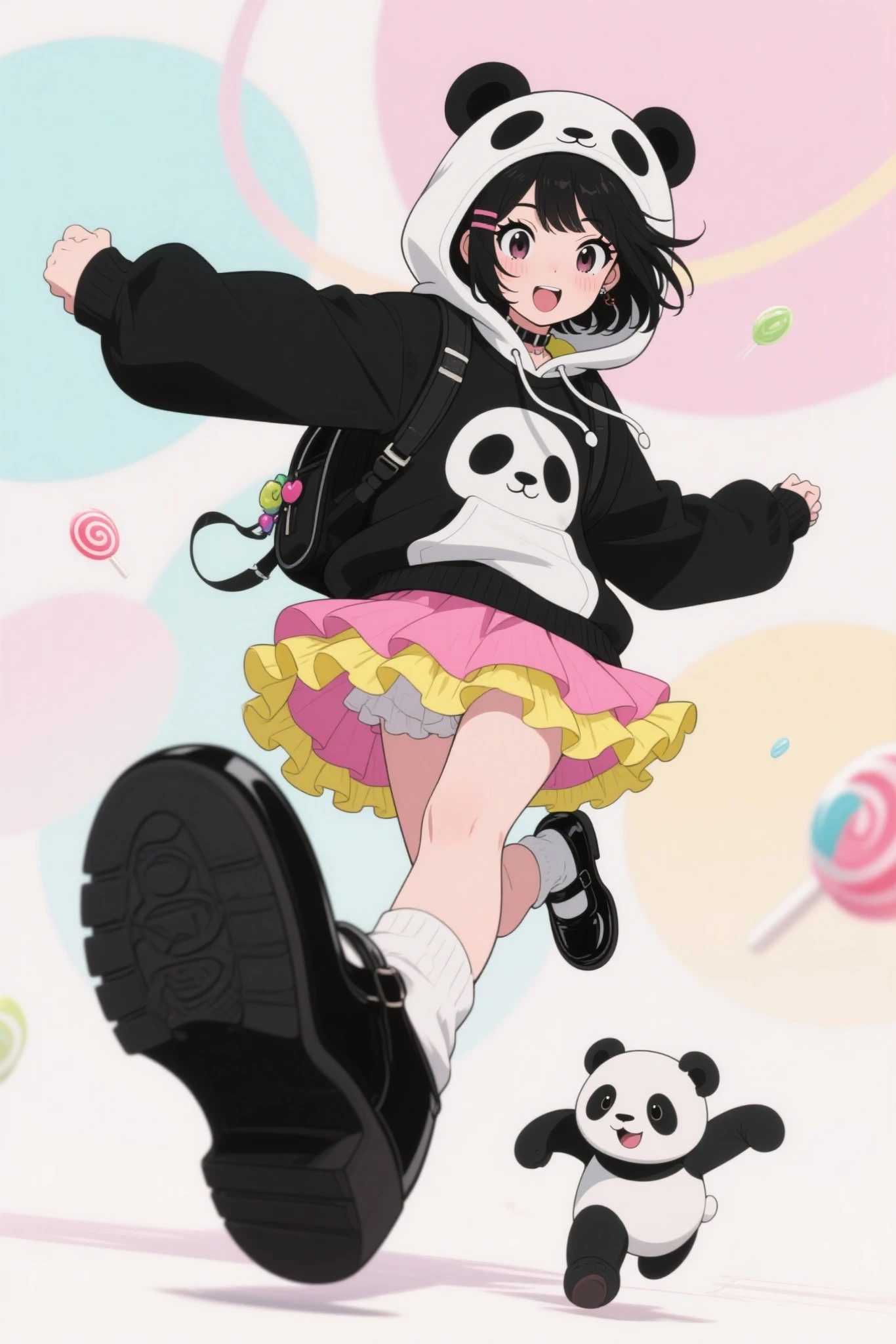 This girl's character is depicted in playful, dynamic poses, Kicking movement,Brown Braided Hair ,has a slightly open mouth, squirrel tail,I'm wearing a squirrel striped hoodie with squirrel ears,Layered dress with purple skirt and orange ruffles,wearing black loafers,has a small backpack,A few squirrels are running beside her,The background has an overall abstract atmosphere in soft pastel colors,complements her vivid taste,animeキャラクター,portrayed in strong composition on a large screen, anime, production animeーションセル, candy-punk character design,   production art