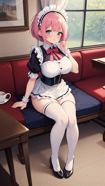 anime girl, 1 person, orange hair, glasses, Crown,maid,cat ear, front view, big breasts, tights, sitting on desk,exposed chest, underwear, maid suit, shy, blushing, lifting skirt , bright sky, sitting cross-legged, high heels,exposed chest, underwear, middle-aged women, blushing, lifting skirt, showing off underwear, (full HD 4K+ image