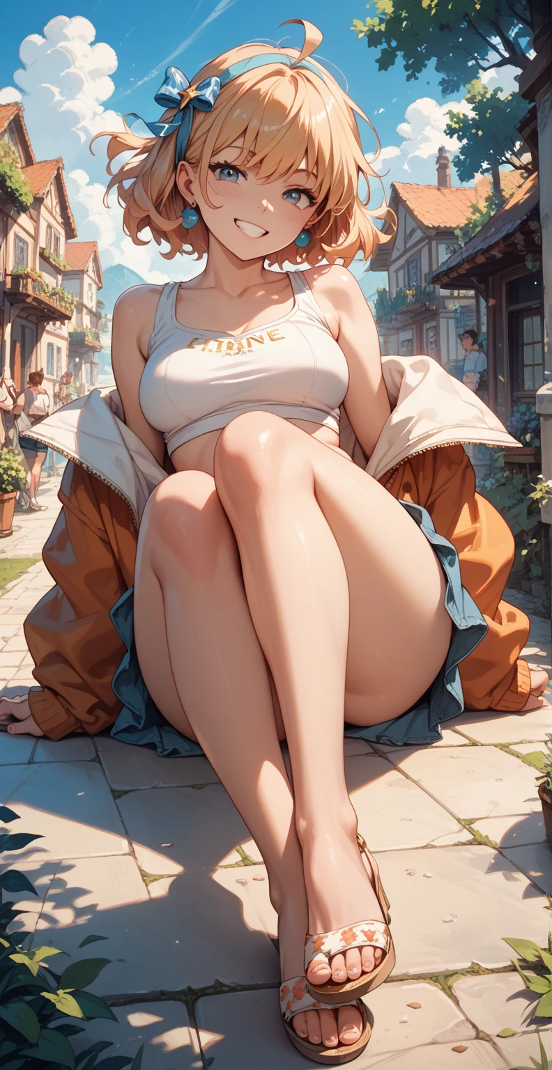 remove and fixbeautiful young woman fishing by the lake in south florida, curvaceous and slim, (big breasts:1.3), trucker hat, tube top, jeans shorts, a chum bucket, a beer cooler bucket, plastic foldable chair, she's patiently waiting for the next catch, late afternoon, ultra-detailed, photorealistic anime style