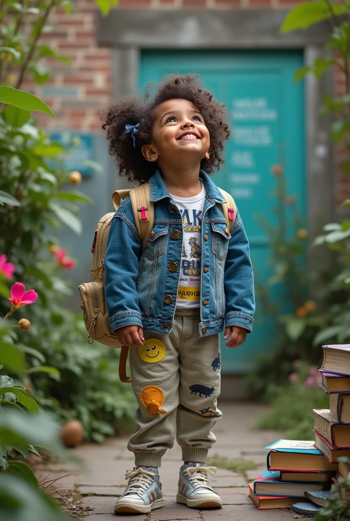 award winning full body portrait photo of a cute little Canadian little girl, with backpack, smiling, hands spread, standing, bokeh (brown color in detail:1.1), telephoto, elegant atmosphere, realistic, intricate details, healthy skin, true skin tone