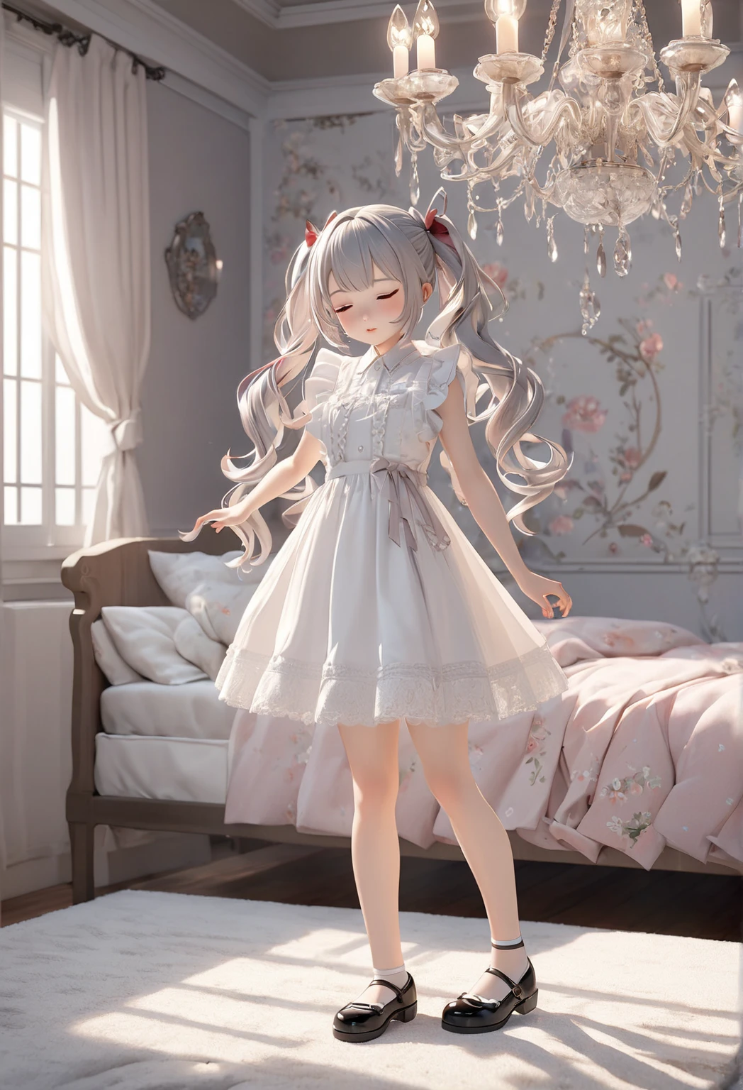 On the bright red campus"yes"character、Beautiful illustrations, Highest quality, pretty girl, Bedroom, pastel colour, Fluffy bunny ears, , Silver long hair, Stuffed rabbit, Bright lighting, Pale pink eyes、Full Body Tights