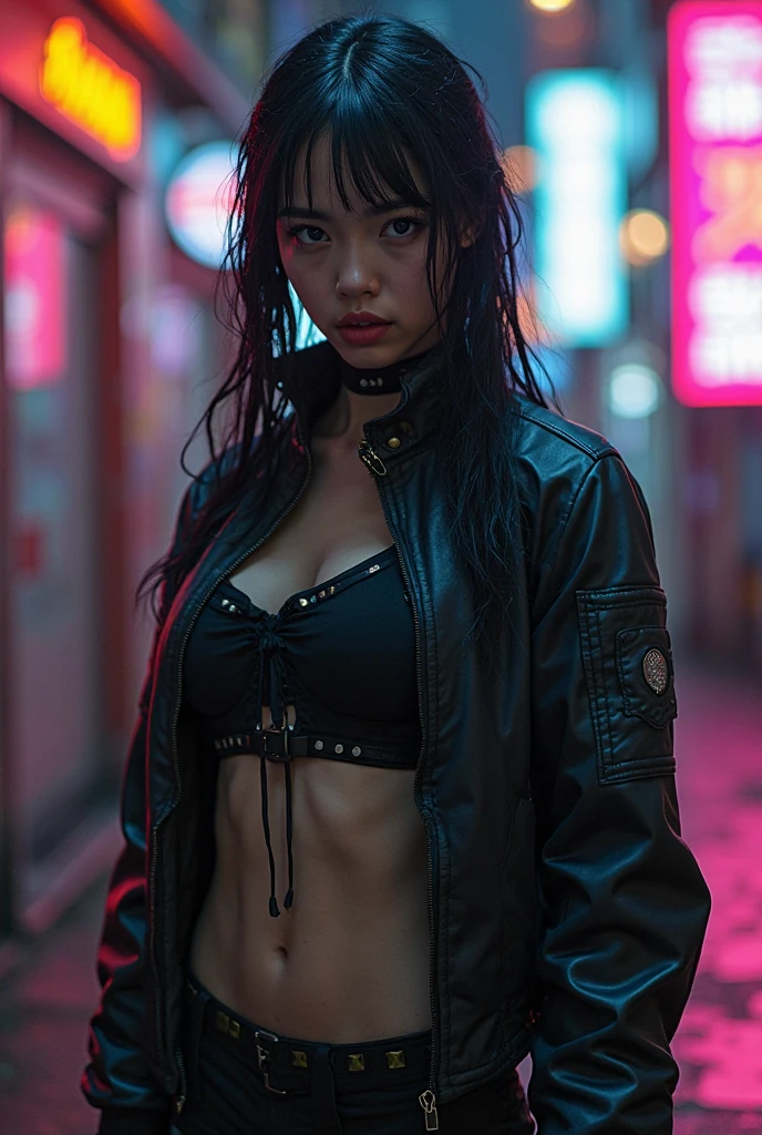 Cinema Lighting,Highly detailed skin、Beautiful details、Highest quality,cyber punk,(Exchange、Dim color, Calm tone、Perfect Anatomy:1.3),(One beautiful woman、Beautiful features down to the last detail:1.3)（Black short hair）Shapely breasts、break.White Shirt Tops、Black Satin Suit Slacks、(purple fur down jacket)break.Black Hair、Put your hands in your pockets、Arms crossed、Near city station、night。Japanese, Huge 