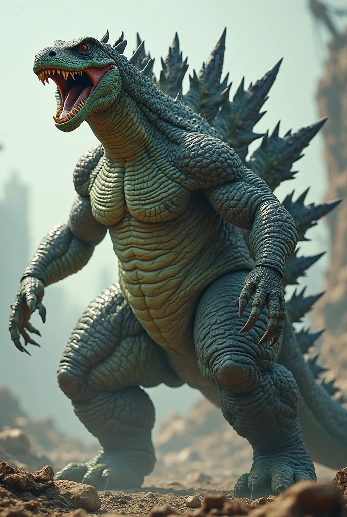 a female anthropomorphic godzilla,humanoid godzilla,beautiful detailed eyes,beautiful detailed lips,extremely detailed face and body,long eyelashes,elegant pose,????,holding a sword,floating in the air,detailed texture scales,cinematic lighting,dramatic atmosphere,vibrant colors,detailed 3d render,octane render,concept art style,fantasy art