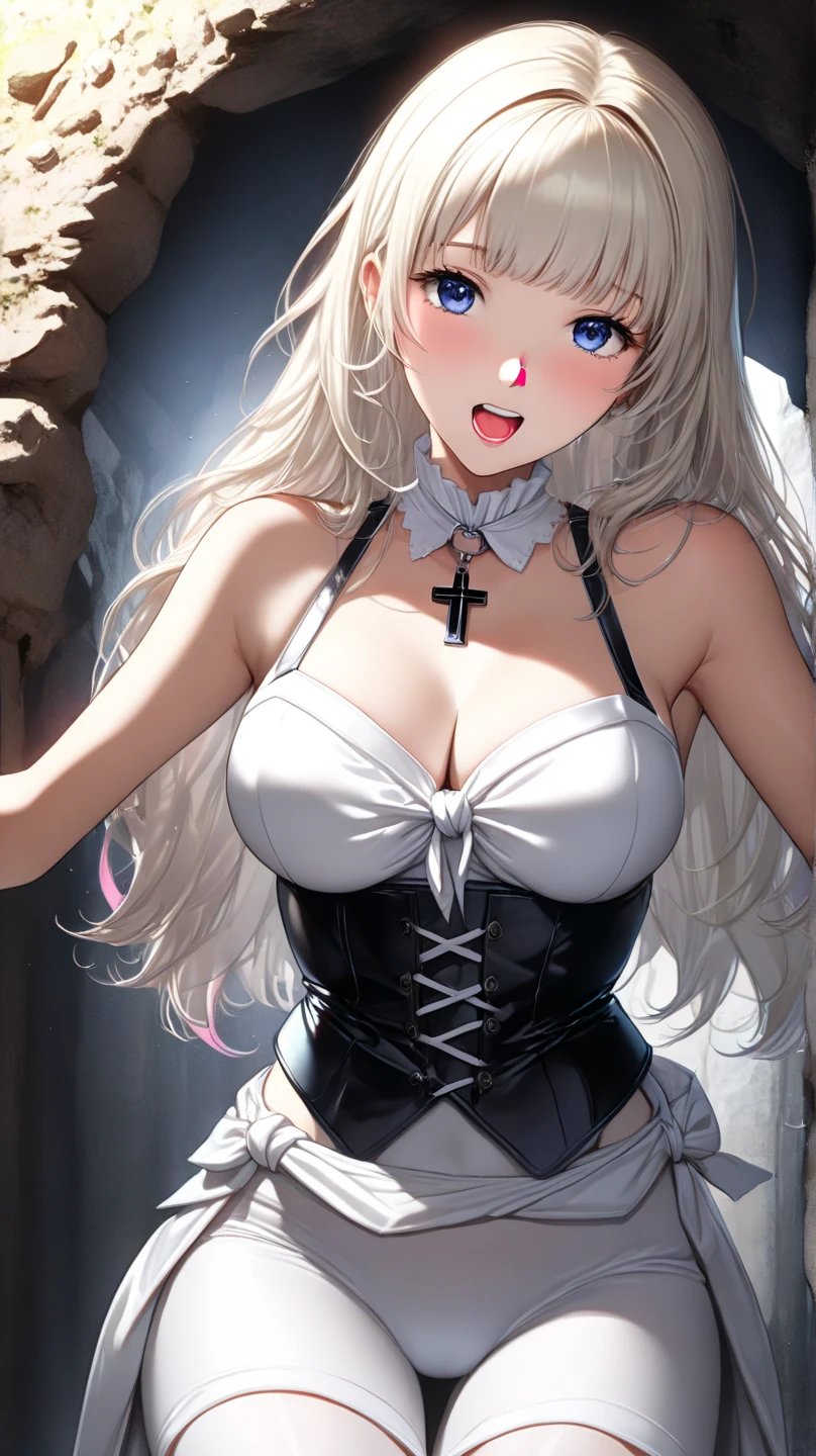 nsfw:1.6, Top quality, masterpiece, ultra high resolution, , (top quality, high resolution, 4K, detailed lighting, shaders, perfect anatomy, perfect proportions), eye of the beholder, (masterpiece, top quality) (top quality, 4K, 8K, high resolution, masterpiece: 1.2), highly detailed, (masterpiece: 1.3, top quality, ultra high resolution, ultra detailed), (top quality: 1.2), perfect eyes, perfect face, perfect lighting, (top quality, 4K, 8K, high resolution, masterpiece: 1.2), highly detailed, (top quality, 4K, 8K, high resolution, masterpiece: 1.5), highly detailed, masterpiece, top quality, ultra detailed, top quality, high resolution, 32K CG, very delicate and beautiful, illustration, high resolution, sharp focus, front lighting, glow, girl 1 person, solo, smiling, very beautiful and detailed anime face, very detailed eyes, ((masterpiece)), ((best quality)), (super detailed), ((cute)), cute, ((very detailed)), 4K, (8K), best quality, (best quality, 8K, 32k, masterpiece, super high resolution, very detailed, impressionistic:1.2), blurred background, (((two arms))) , (((two foot))), (((four fingers and 1 thumb))), Best quality , ((only one naval)),
(((Beautiful girl))). (White blonde hair). ((((Naked)))). (Dark skin: 1.6). (((Neatly trimmed blonde pubic hair))). ((Long straight hair)). ((Silver tiara)). ((Bangs swept to the side to show forehead)). Beautiful blue-green eyes. ((Realistic pupils)). (Plump lips with rouge). (((Big boobs))). (Full chest). (Nicely shaped chest). (Small pink nipples). (Narrow waist). Perfect proportions. (((Slender body)))). ((Well-proportioned body)). ((Sexually alluring)). Smiling. (((Pure white choker))). (((Pure white wedding corset belt))). Earrings. Necklace. Bracelet. Anklet. (((Sexy pose))). ((Stairs in a very spacious and fantastical place))). Relaxing. (((Beautiful and realistic background))).