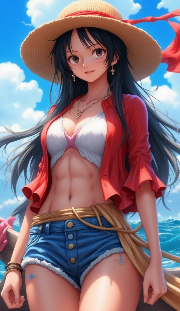 masterpiece, best quality, (extremely detailed CG unity 8k wallpaper, masterpiece, best quality, ultra-detailed, masterpiece, best quality, 1girl, solo, crop top, denim shorts, choker, (graffiti:1.5), paint splatter, arms behind back, against wall, looking at viewer, armband, thigh strap, paint on body, head tilt, bored, multicolored hair, aqua eyes, headset, Boa Hancock,