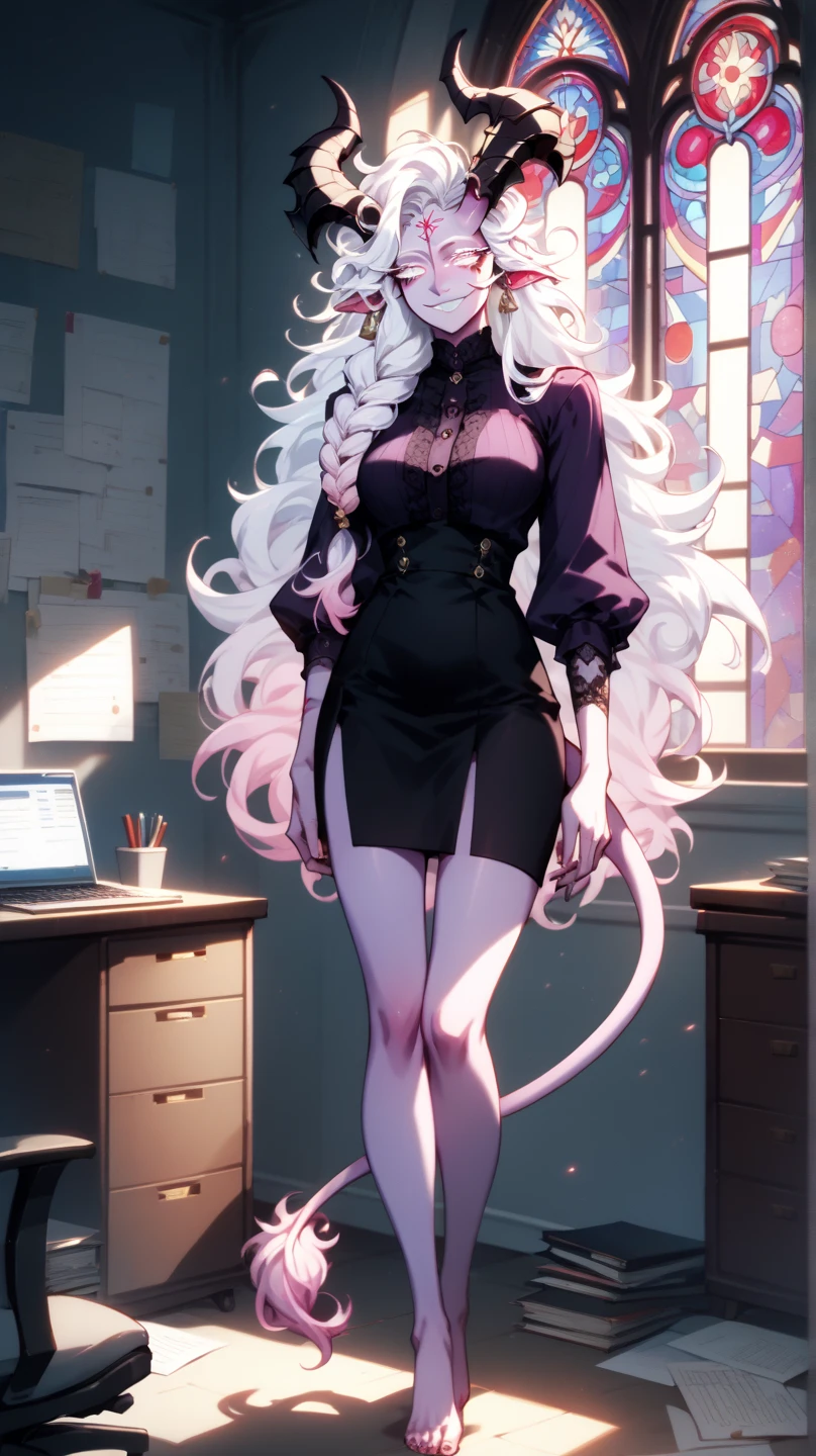 ((best quality)), ((masterpiece)), (detailed), ((highres)), In lavish manor library,, extremely long curly white pig tails. Fluffy white cat ears. Long white cat tail on butt, 1catgirl, 20 year old, Curvy body, shy, timid, scared, nervous, Blushing., naked. Heterochromatic eyes, one teal eye, one purple eye. No shoes, black ripped thigh high leggings with pink pawpads on bottom,