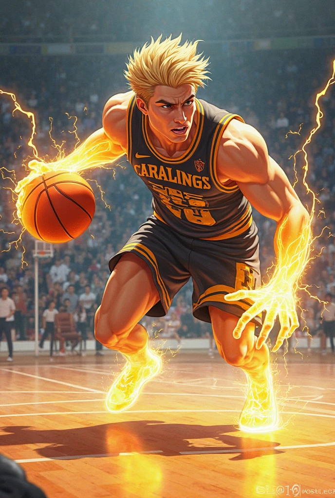 Jesus, portrayed as a powerful figure, engaging in an intense basketball game against Thor, the god of thunder. The scene showcases Thor soaring through the air, viciously slam dunking the basketball over Jesus, who is shown in a defensive position. The atmosphere is electric, with sparks of lightning illuminating the arena and an enthusiastic crowd cheering in awe.