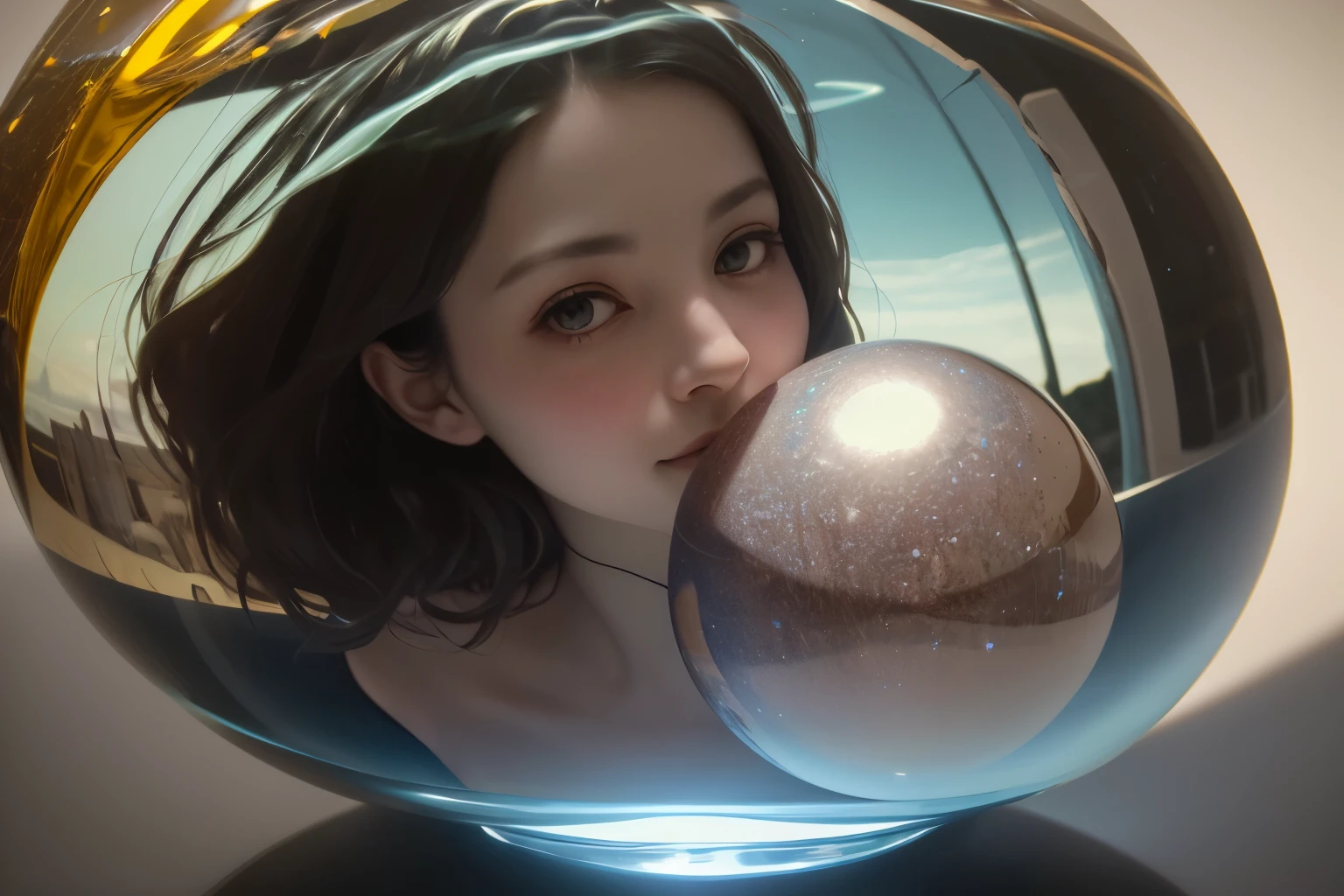 383 (20 year old woman),(short hair),(gentle smile),(high quality photos),( cinematic pictures playing on the lawn ),(colorful),(Crystal Ball),((contrast between light and shade)) ,(Da Vinci )
