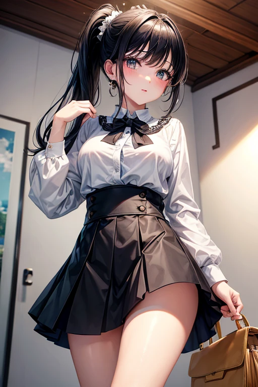 best quality, Japanese、brown eyes、Slender、tall、8k、girl, highres,black hair、long hair、classroom、(white bra with floral pattern)、(black skirt)、standing position、facing left