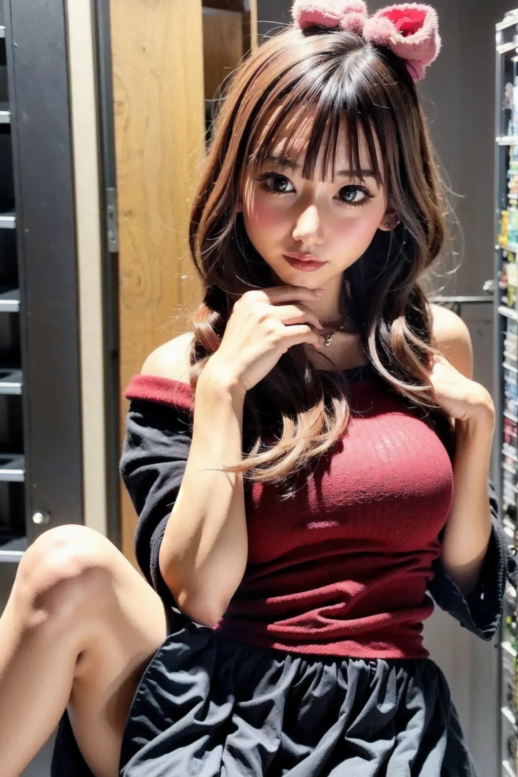 (from below:1.2),from front:1.5,cowboy shot,（8K RAW photo,Live shooting, top quality, masterpiece:1.37),(Real,Photorealistic:1.37）,Ulzzang-6500-v1.1,extreme light and shadow,（Glossy skin:1.6,shiny skin:1.3),small head:1.3,（girl）,20yo,Japanese idol,alone:1.6,3D,looking at viewer:1.6,perfect eyes, Detailed and beautiful eyes, beautiful eyelashes,perfect anatomy,oily skin:1.5,shiny skin:1.3,shiny hair:1.3,headband:1.3,thin necklace,ear piercing:0.3,Layered bracelets:1.2,large breasts,cleavage:1.1,BREAK （(blonde hair:1.4),（blonde long hair:1.3)）,blunt bangs:1.4,(clear eyes),(Gentle Smile:1.2）, (Happy:0.9),BREAK （(light red Gingham check print:1.3）sexy design mini dress:1.4),（Chiffon sexy design mini dress:1.3)）,BREAK ,（(Sitting with legs crossed)）,Aestheticism,bokeh,depth of field,noise filter:1.6,Grey Film filter,lens flare,BREAK （Commercial facilities, stylish shopping malls, bright interiors, colorful interiors）