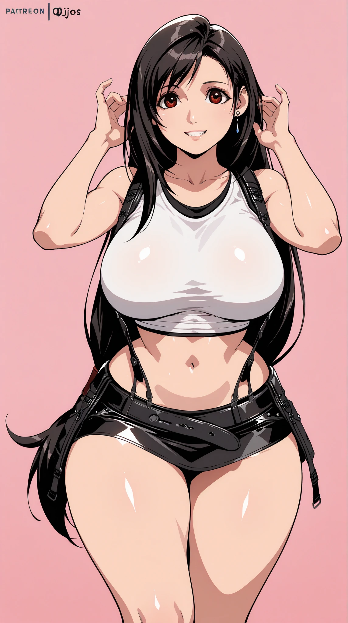 mari kurihara, black eyes, long hair, black hair, BREAK, absurdres, (intricate details), (colorful), 1girl, heavy breathing, slave choker, hands cuffed, arms front chained, cold face, snobby face, disgusted expression, bitchy, Beautiful body, navel, narrow waist, huge breasts, armpits, black highleg thong, g-string, white mini tank top, underboobs, crop top, standing, (((Shiny Skin))), looking at viewer, mature female, plump, thick, milf, closed mouth, prison, dark place, brick wall, (masterpiece, best quality),
