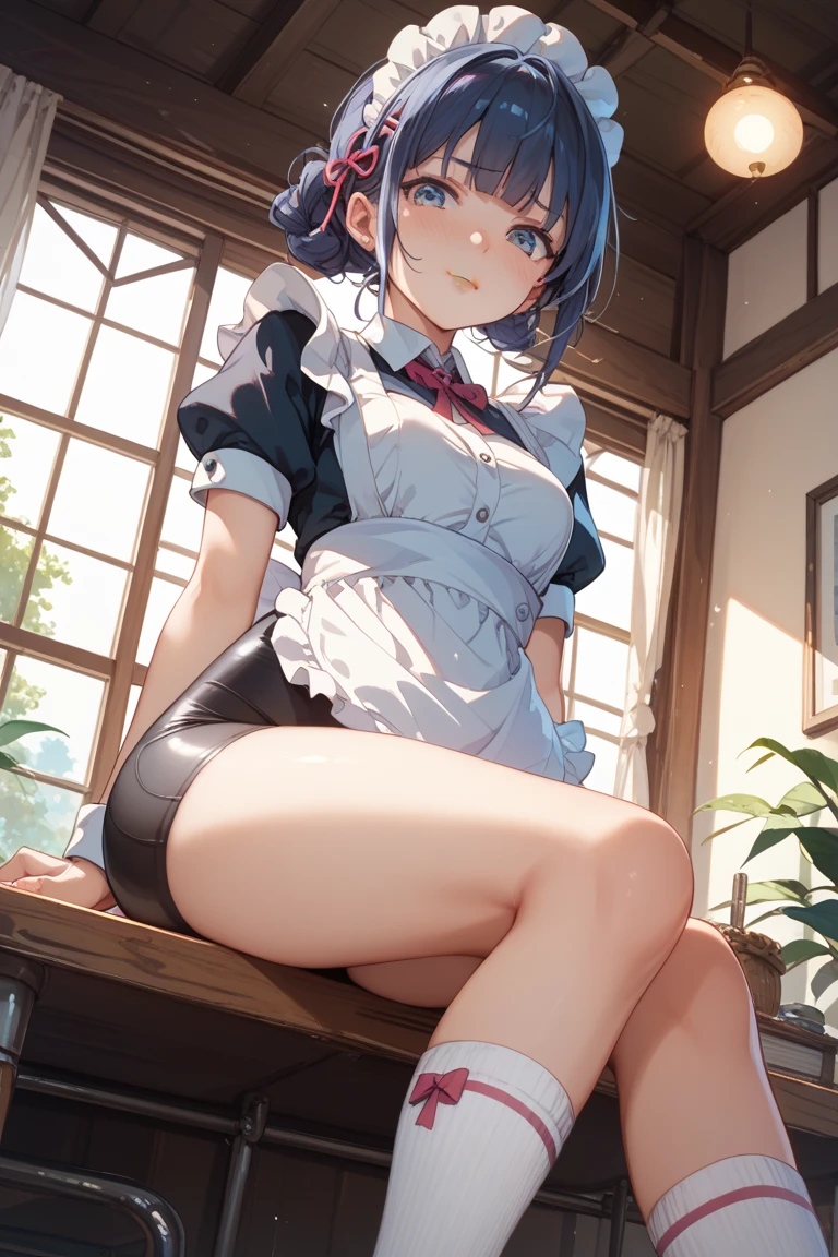 girl with, Long, long light blue hair, Blue eyes, (((Maid clothes with short skirts))), Skirt, Sweet rain、GenshinImpact、Pale panties with horns, (((Horizontal striped panties))), gargantuan butt, Squatting, Squatting on the table, Look back and look back, smiling mischievously, grin, laught, velocity, Farts, velocity, velocitying, big velocity, Fart from the ass,, I can't stop farting, Yellow smoke, Yellow smoke is rising, Japanese style dining room