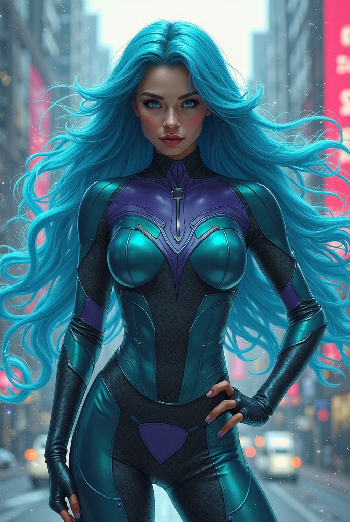 GORGEOUS superhero WOMAN , TALL WOMAN BODY, TALL WOMAN, STRONG CURVY ATHLETIC BODY, MUSCLES, BLUE COSTUME, THONG BODYSUIT, GOLD DETAILS, EXPOSED GORGEOUS THIGHS, SWEATY GLUTES, STRONG GLUTES, GOLD TENIS, GOLD GAUNTLETS, HUGE LONG BLUE GREEN PINK HAIR,  HAIR, BRAIDED HAIR STYLE, EXPRESSIVE LIGHT YELLOW EYES, HIGH CHEEKBONE, ROSY CHEEKS, STRAPLESS BODYSUIT, FULL BODY PERSPECTIVE, SIDE BODY VIEW, WAR CENARY, SENSUALITY, MITHOLOGY, MASTERPIECE