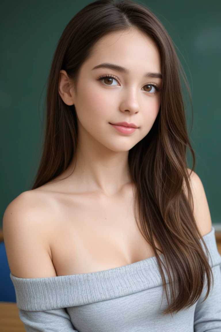 teen, nude:1.2, looking at the audience, front lighting, perfect, soft light, High resolution skin:1.2, Realistic skin texture, 15 years old、a small face,，Bust C cup、hazel eyes、Completely naked、in a classroom、photo from the waist up, The abdomen is visible、cute smile,