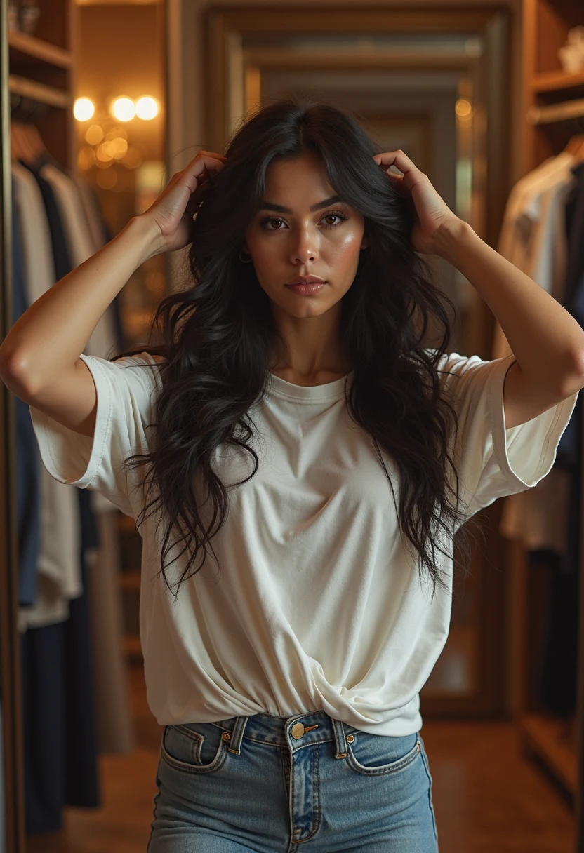 30 year old girl, Solo, long hair, Looking at viewer, black hair, Bare shoulders, brown eyes, full body, off shoulder, white short shirt,