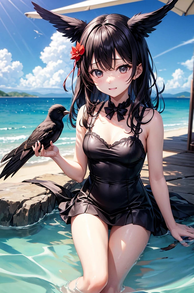 1girl, Ichika, black hair, long hair, hair bangs, hair accessories, black eyes, Halo, red-black latex one-piece swimsuit, red bow, laugh, BAPV, pink thema, yellow thema, blue thema, red thema, gray thema, sea, water splashing around body, lying down, top view, black angel wings, full body
