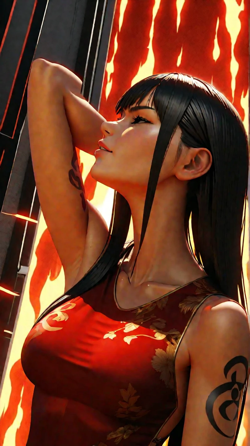 4K, y woman, leather suit, long hair, face on the side, headband, looking to the side.