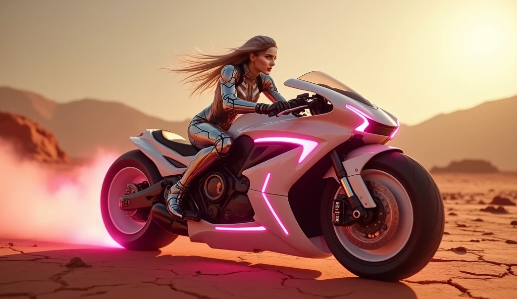 Create a vibrant, futuristic artwork depicting a cyber female and her sleek, cybernetic vehicle in an awe-inspiring desert wasteland. Imagine a world where technology and nature coexist, showcasing a harmonious blend of the artificial and the organic. The cyber female should be portrayed as confident, strong, and full of character. Feel free to explore imaginative cybernetic enhancements and futuristic fashion, emphasizing vibrant colors, intricate designs, and unique textures. The vehicle should complement the overall scene, reflecting its cybernetic nature and incorporating elements that showcase its functionality. Let your creativity run wild as you bring this captivating cybernetiv world to life!