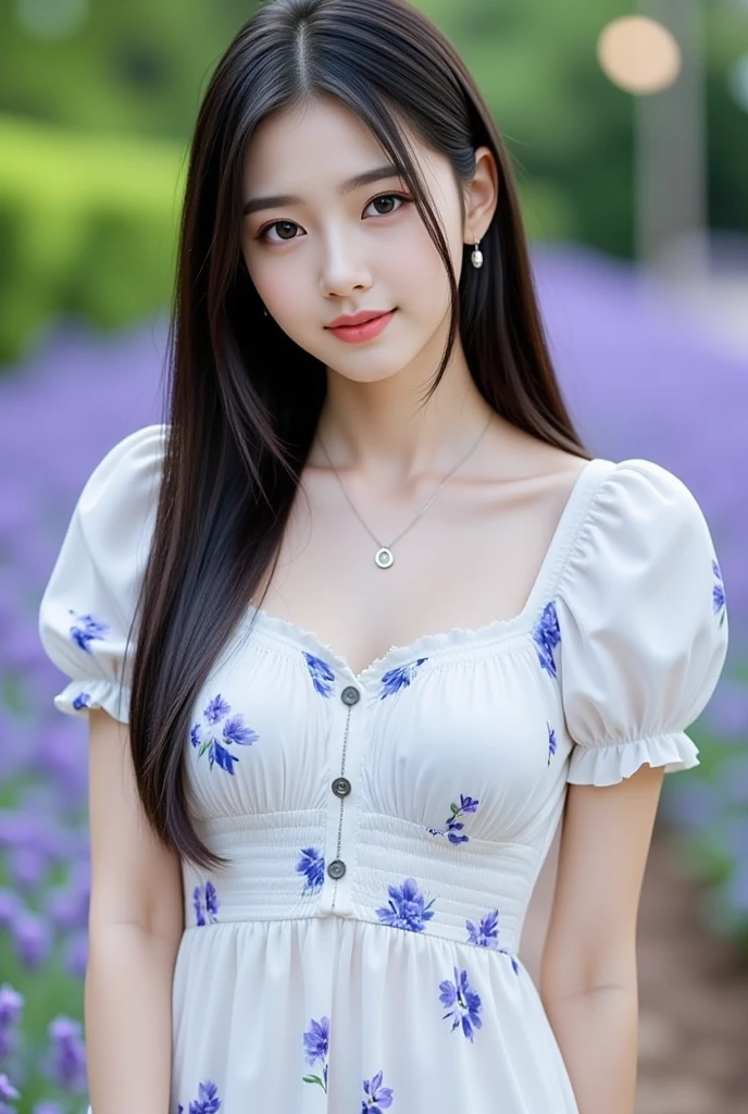 black haired asian girl brown,girl's hair straight across her back, Charming eyes , wearing white 2-strand floral dress ,revealing big , movie face, body standard photo model,girls walking in purple lavender flower garden, dirty 2 hands to the side refreshingly, mouth smiling softly, face facing the camera