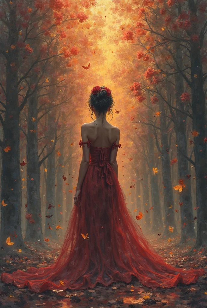 Painting of a woman in a red dress, standing under a tree, Goddess of Autumn, wonderful autumn mood, dreamlike digital painting, Magical colors and atmosphere, lost in a dreamy fairy landscape, Magical colors and atmosphere, Melancholic autumn light, moody foggy fantasy art, Standing in a mystical forest, Fantasy digital painting, autumn calm, Dreamy scene, Mystical scene, autumnal empress