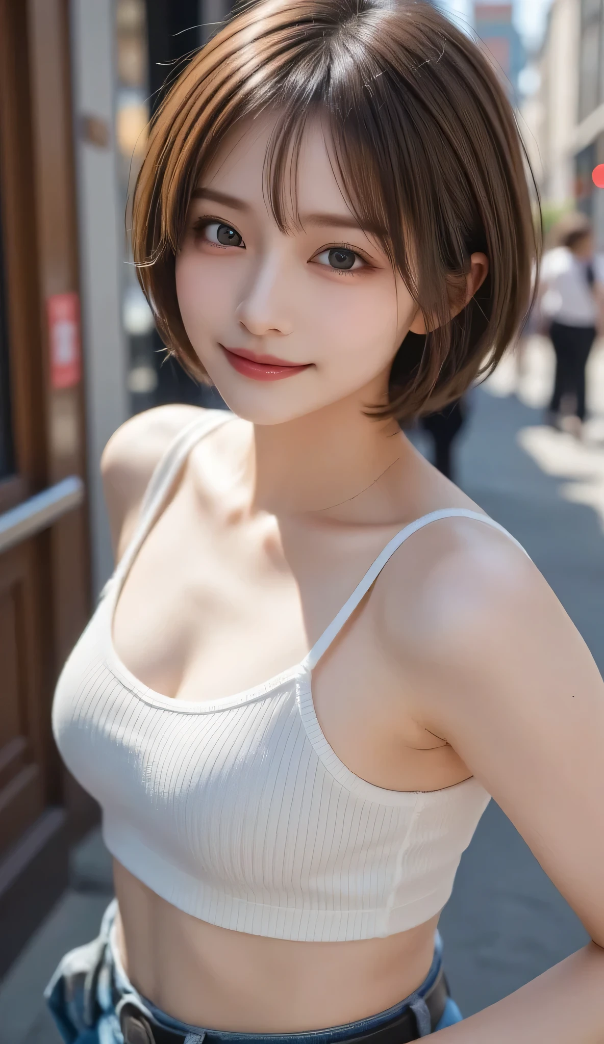 Cute 21 year old Japanese、shopping、Ultra-detailed facial features、Attention to detail、double eyelid、Beautiful and thin nose、Sharp Focus:1.2、beauty:1.4、(Light Brown Hair、Short Hair、)、Pure white skin、highest quality、masterpiece、超High resolution、(Photorealistic:1.4)、High resolution、Professional Lighting、nice smile、please show me your whole body、Casual pants、Colorful spring clothes、