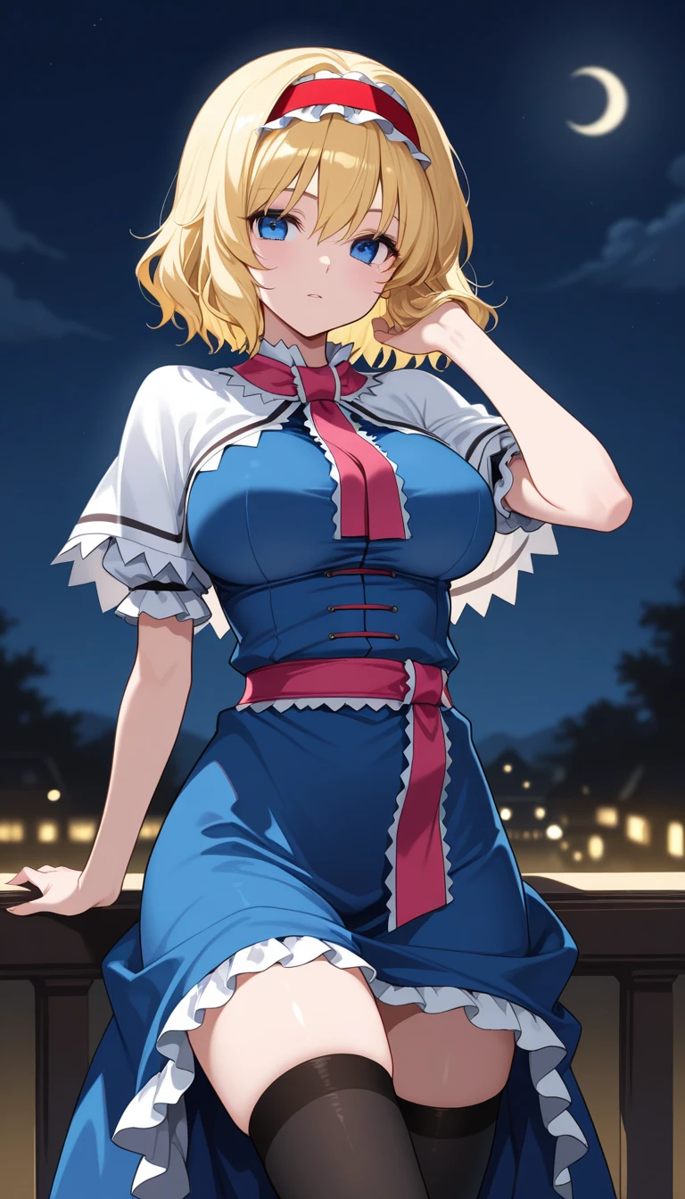 a woman in the city of London, in a blue dress, wearing a white lady's hat, blue eyes, blonde hair, smiling