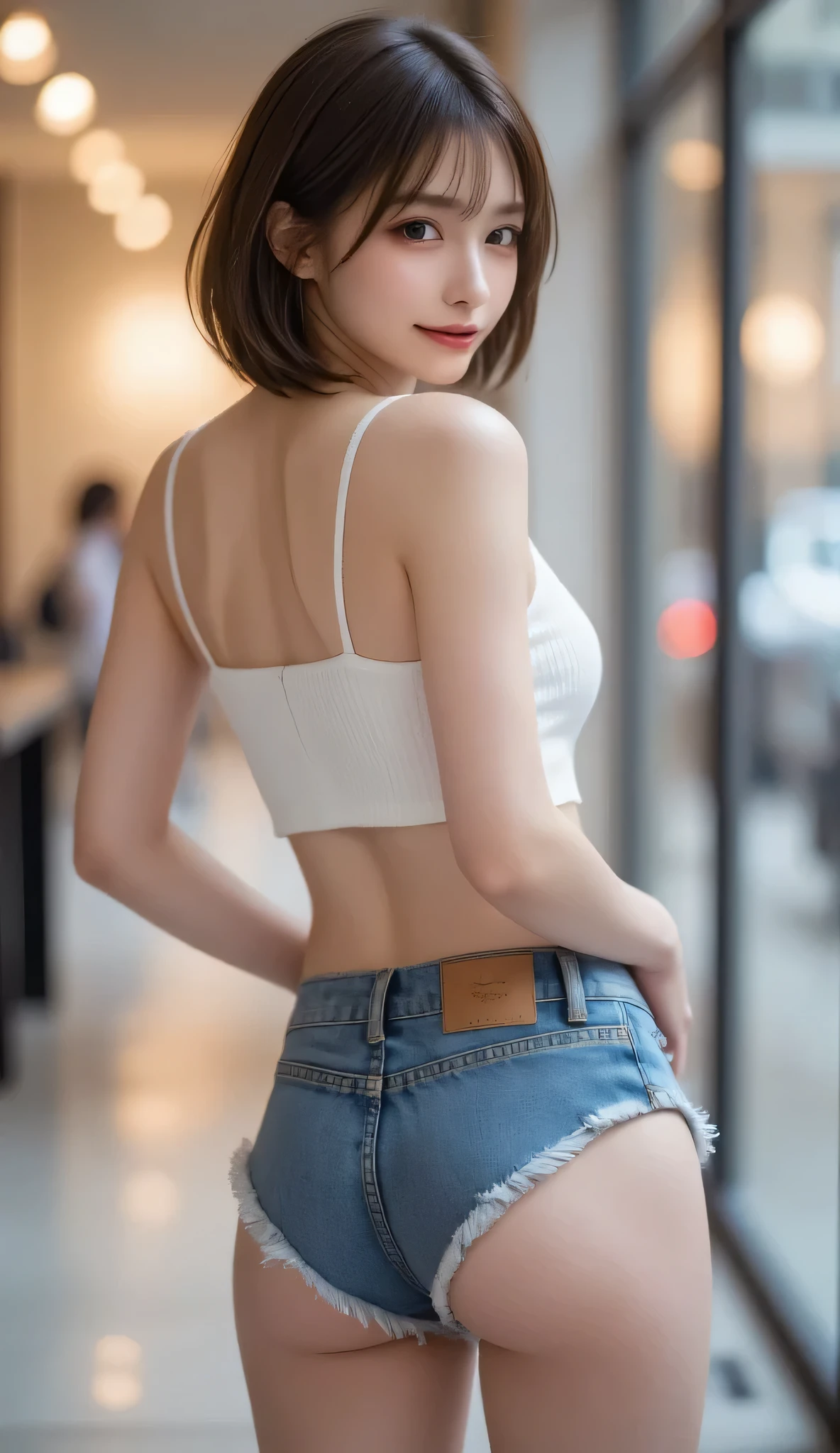 A beautiful 17 year old blonde woman, spaghetti strap top, short high waisted denim skirt, detail, detail of body and face, thighs. black garter belt, black thong, (camel toe)