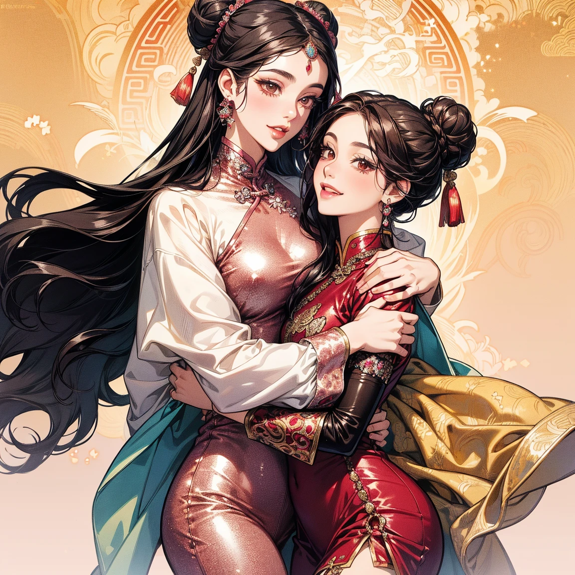 Two beautiful women with long braided red hair and mid wavy blond hair, respectivetly, with green eyes wearing a Mock Neck Cut Out Dress, Sexy Criss Cross Mock Neck ((Mid Sleeves)) Dress, ((luxurious jewelry)), standing in a fitting room, hugging closely and kissing each other (white skin), (red lipstick), (elegant mascara), (muscular body with abs), (small breasts) midjourney, <lora:GoodHands-, <lora:GoodLegs-, UHD, high resolution, (masterpiece:1.1, best quality), (expressive eyes, perfect face, full body, expressive face, perfect body, athletic, fit, slim body, blushing, Perfect makeup, eyeliner, beautiful eyelashes, smiling, horny face), ((Beige dress)), ((Grey dress)), ((Tight dress)), ((best illumination, best shadows)), ((lesbian kiss))