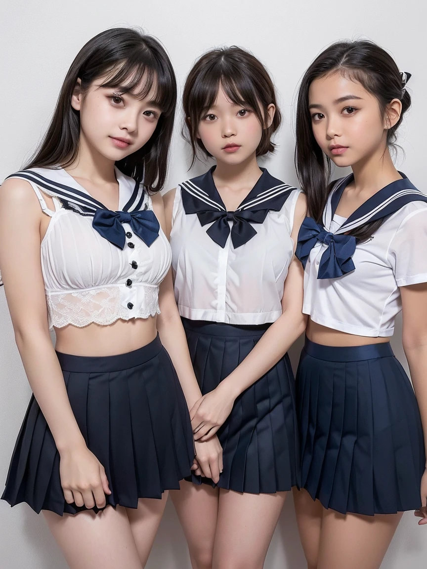 Three high school girls,Plain white school gym uniform with navy blue trim,White headband,,bangs,A small smile,Thighs,knees,Straight hair with barrette,From below,Front light